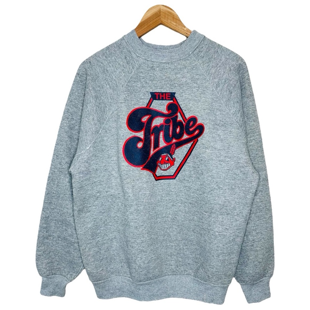 Vintage Tultex Crewneck Sweatshirt Size Large Cleveland Indians Tribe Logo Gray